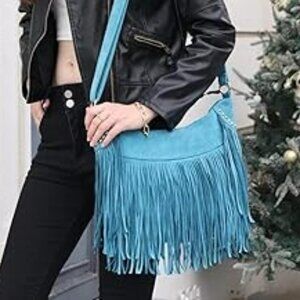 Suede Hobo Hippie Shoulder Bag Purse Blue Fringe Bohemian Cowgirl